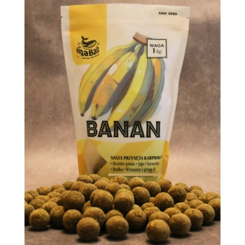front opakowania kulek proteinowych o smaku banana